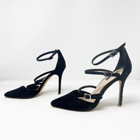 Topshop Triple Buckle Strap Pointed Toe Suede Black Heels 38 (7) - Picture 1 of 8